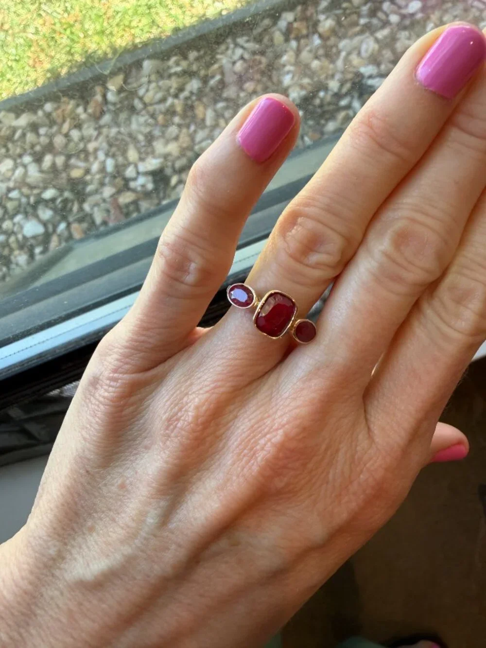 NIB 3.30 ct. Ruby Three-Stone Ring in 18kt Gold Over Sterling - 5 - 5.25